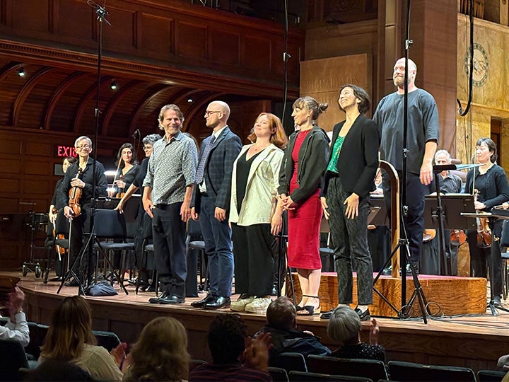 2025 Cone Institute Composers receiving applause alongside Steven Mackey and Christopher Rountree after the concert with the New Jersey Symphony in Princeton